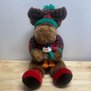 Gund Holiday Moose Plush in Plaid Jacket with Baby Penguin Christmas Décor Gift